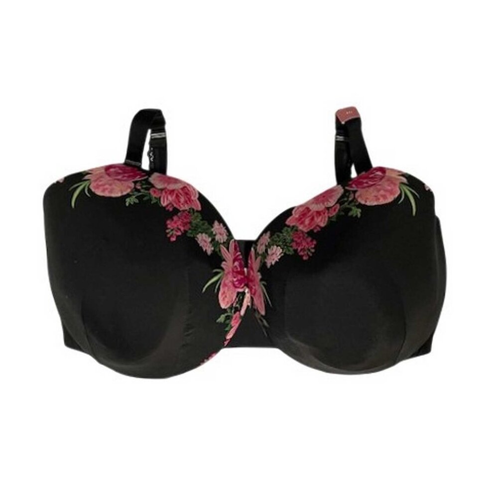 Cacique Black Floral Lightly Lined Full Coverage Underwire Back Closure Bra 44 J